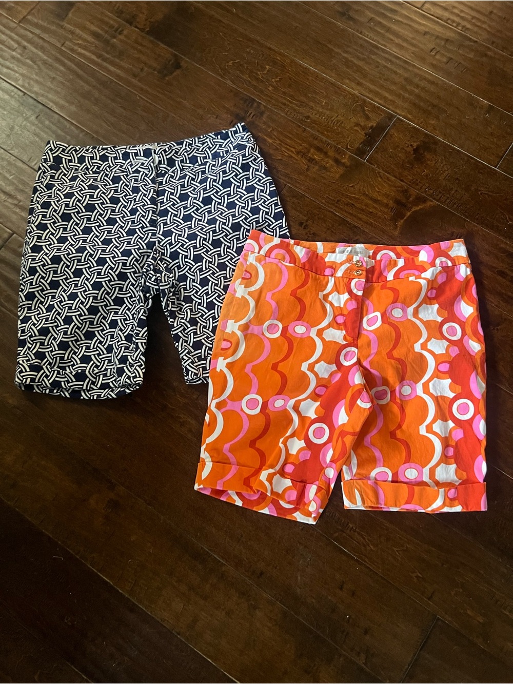 Skirtin Around Women's Printed Shorts in Orange & Navy. SET of 2.